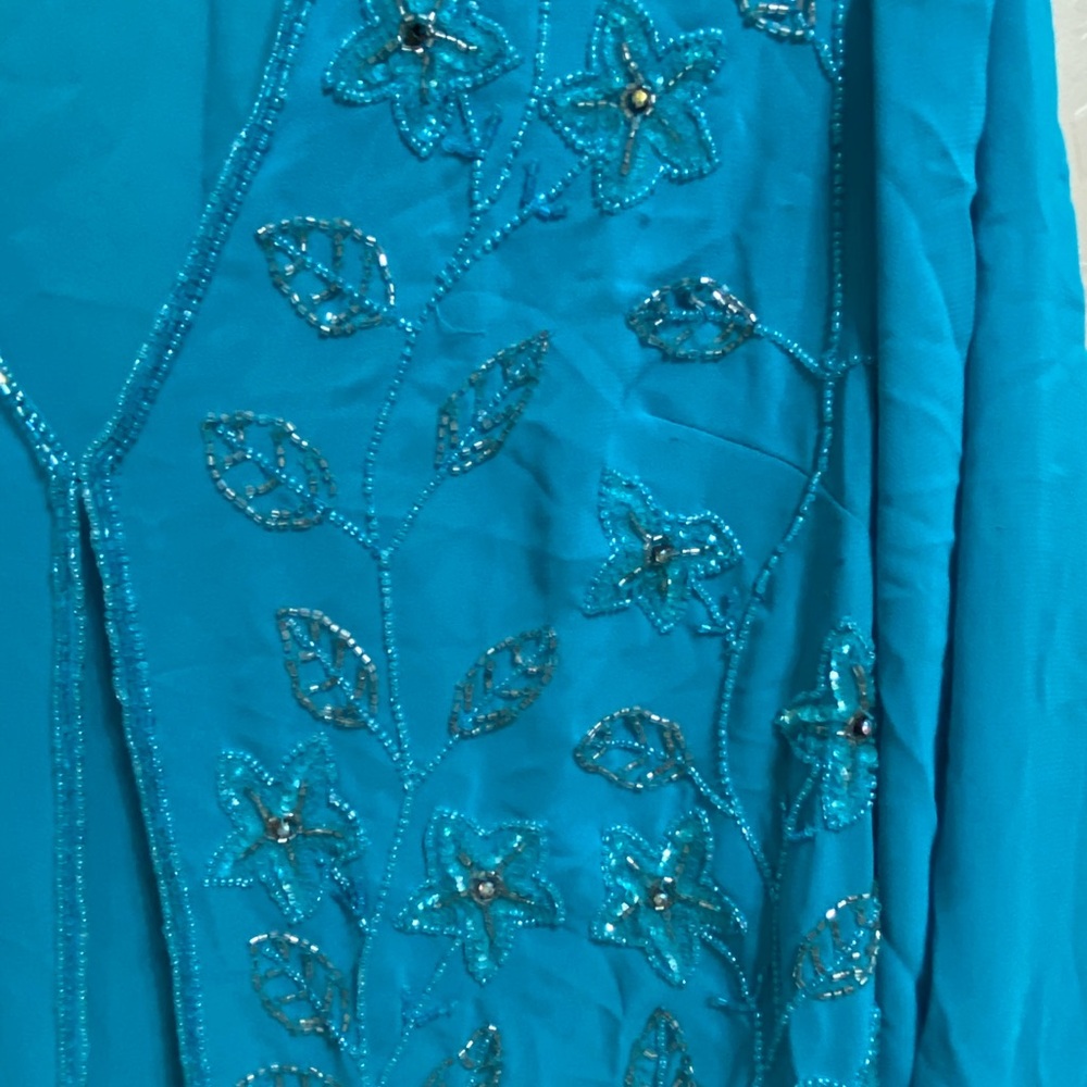 Vibrant Blue Silk Long Top and Sheer Pants Suit adorned with Shimmer Designs - Picture 4 of 5